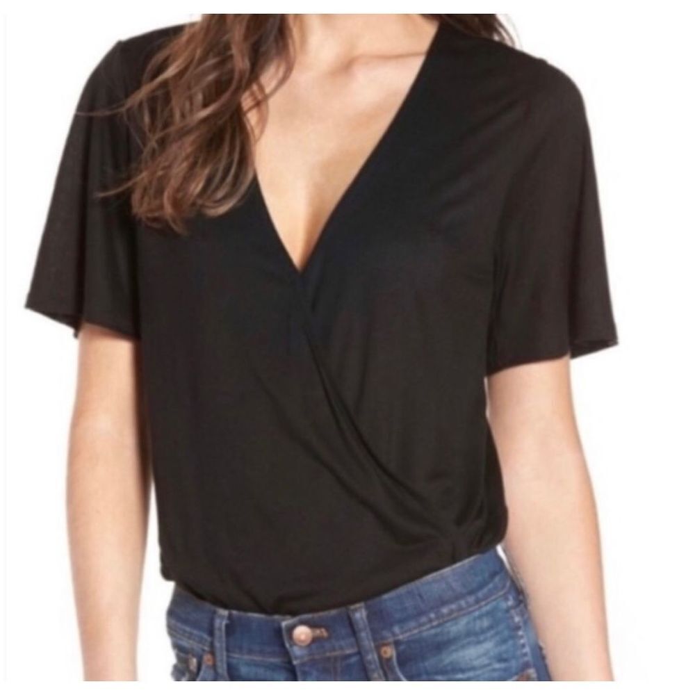 Madewell Wrap Front Bodysuit Short Sleeve V-Neck Bodysuit Black XXS NWT